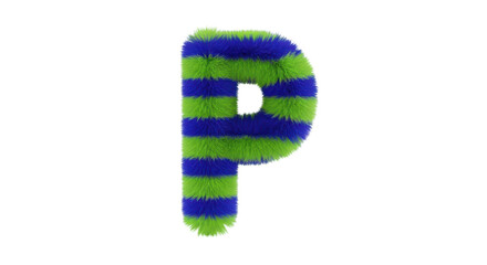 Isolated letter P with colorful fur, whimsical type design, fluffy and adorable, playful symbol