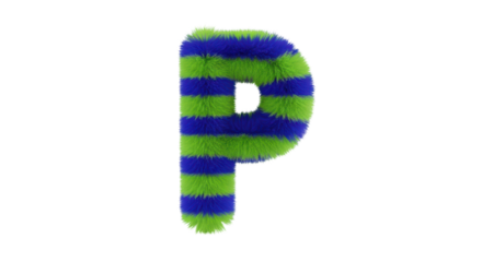 Isolated letter P with colorful fur, whimsical type design, fluffy and adorable, playful symbol