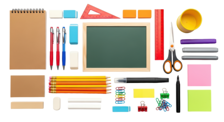 Isolated school or office stationery items on a flat lay for back to school, office supplies