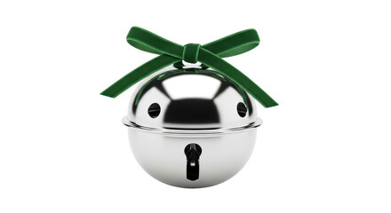 Isolated Christmas jingle bell with green velvet bow for holiday projects and decorations