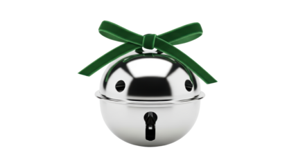 Isolated Christmas jingle bell with green velvet bow for holiday projects and decorations