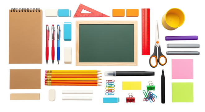 Isolated school or office stationery items on a flat lay for back to school, office supplies