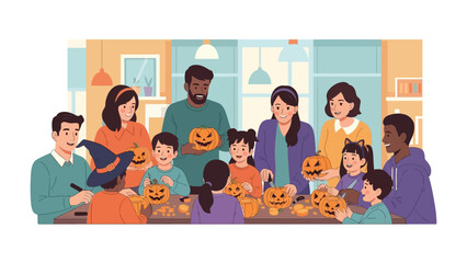 Carving Pumpkins Together: A lively depiction of a family gathering, skillfully creating jack-o'-lanterns and relishing the autumnal traditions that encapsulate joy and togetherness.