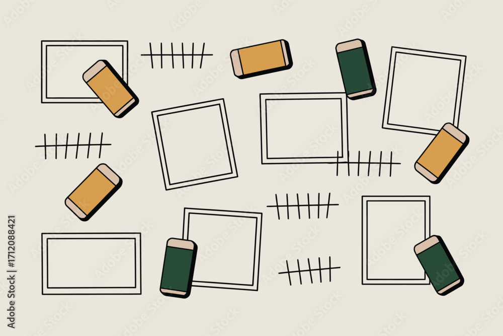 Poster illustration showing frames tally marks and rectangular objects scattered on a light background