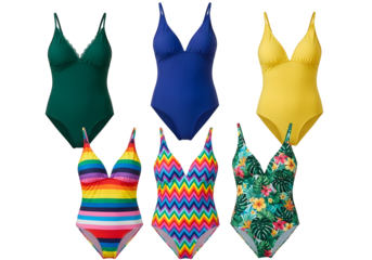 Collection of stylish one-piece swimsuits in various colors and patterns for summer fashion isolated on transparent background
