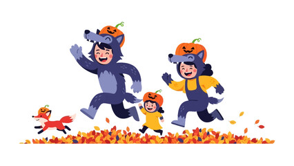 Costumed Children in Autumn: A heartwarming illustration of three children in playful animal costumes and a fox running through autumn leaves and celebrating Halloween.