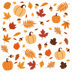 Autumn seamless pattern with fall leaves and plants, pumpkins, mushrooms. Seasonal colors. Perfect for wallpaper, gift paper, textile, greeting cards.