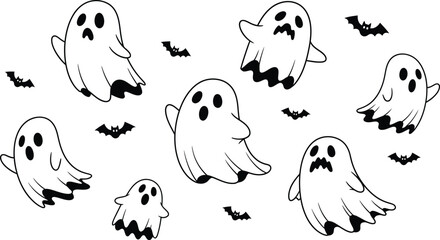 Whimsical collection of cute cartoon ghosts and bats for Halloween fun