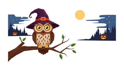 Hoot of Halloween: A wise owl adorned in a witch's hat perches on a branch, with a whimsical Halloween-themed background. Witness the magic of this seasonal illustration!