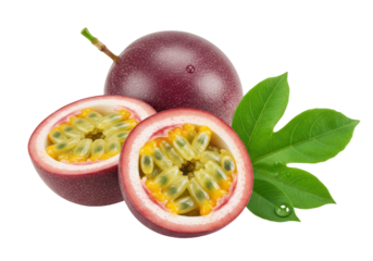 Isolated Passion Fruit and Halves with Leaf, Tropical Fruit, Healthy Food and Vegetarian Diet
