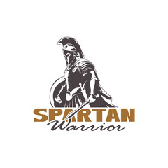 Spartan warrior with weapons and armor logo design vector. Spartan logo illustration template