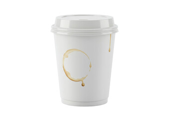Isolated paper coffee cup with lid and drink stain ideal for product mockups, branding