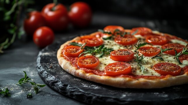 Appetizing pizza with tomatoes and herbs on a dark background, ideal for recipes and food blogs.