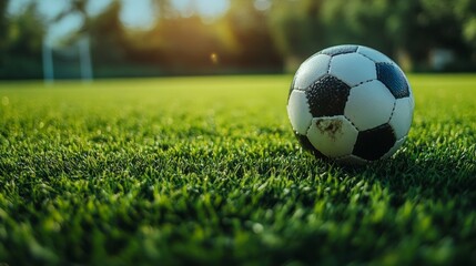 Obraz premium A soccer ball on a green field under the evening sun — suitable for topics related to sports, active recreation, and healthy lifestyles.