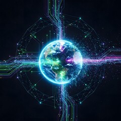 Obraz premium Digital representation of the Earth, surrounded by interconnected lines and glowing particles, symbolizing global technology.