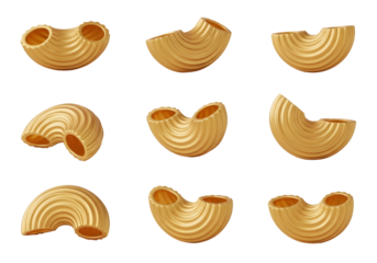 Nine elbow macaroni pasta shapes arranged in a grid isolated on a dark surface isolated on transparent background