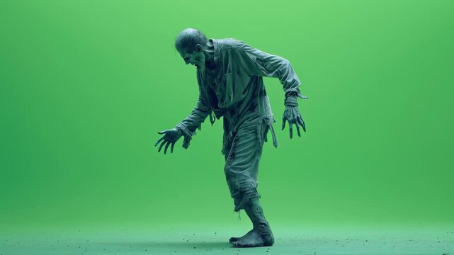 undead halloween zombie character walking on a green screen background