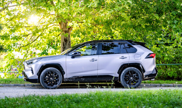 Modern large family SUV Toyota RAV4 stands outside under a tree at sunrise. Silver eco-friendly car with hybrid engine.