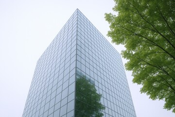 Obraz premium Modern Glass Skyscraper Reflecting Nature, Symbolizing Harmony Between Urban Development and Green Environment, with Sustainable Architecture