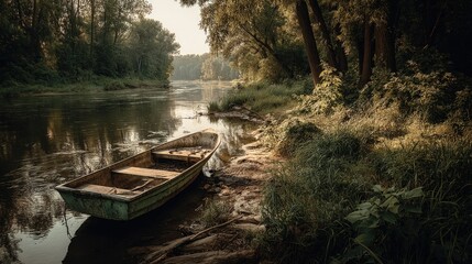 Obraz premium Serene River Landscape with Abandoned Boat: A Tranquil Scene of Nature and Reflection