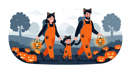 Halloween Family Trick-or-Treating: A family dressed in coordinating costumes walk through a pumpkin patch, each carrying a jack-o'-lantern as they enjoy the festivities of Halloween.