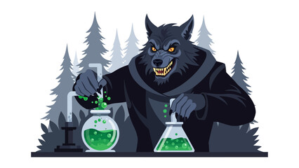 Alchemy of the Unknown: A formidable werewolf, engaged in alchemical experimentation, manipulates bubbling flasks and vials within a cryptic forest setting, symbolizing mystery and transformation.