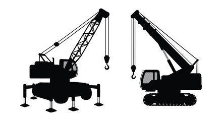 Two black silhouettes of construction cranes with visible hook and cabin details