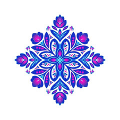 A vibrant and symmetrical floral mandala design in shades of blue and pink, isolated on a clean white background, perfect for decorative purposes and graphic design projects.