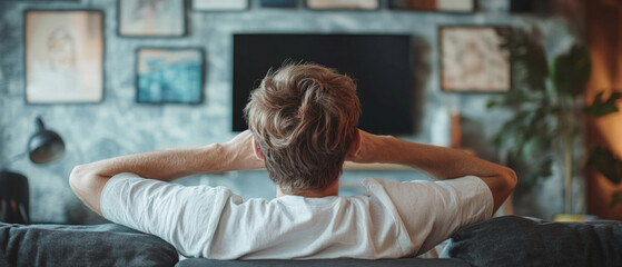 A tired person relaxes on the sofa in front of the TV in a modern living room — suitable for articles about relaxation and home comfort, interior design.