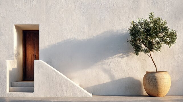 Minimalist architecture featuring stucco wall, rustic door, staircase, and potted plant capturing natural sunlight.