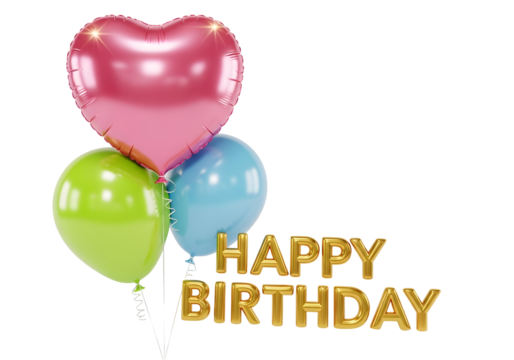Festive heart shaped balloon arrangement with golden happy birthday text celebration decor isolated on transparent background - Powered by Adobe