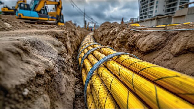 Yellow electrical cables are laid in a trench, secured with metal hoops, surrounded by soil and equipment.
