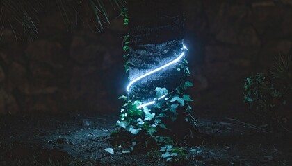 Ethereal blue neon light elegantly illuminates a tree trunk and its leafy base in a dark, mysterious outdoor setting, evoking a sense of wonder and futuristic nature
