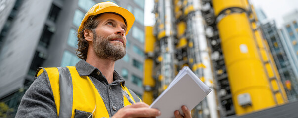 Construction worker wearing helmet and reflective vest, observing construction site with yellow machinery background, showcasing professionalism