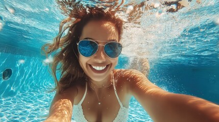 Fototapeta premium Smiling Young Woman Underwater in Swimming Pool Wearing Sunglasses, Enjoying Summer Vacation and Swimming