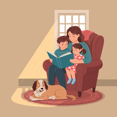 Mother reading a book to children and dog in an armchair story time