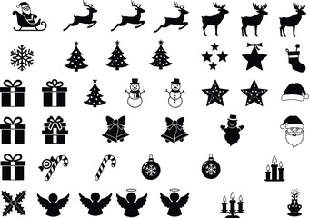 Black and white Christmas icons, festive holiday symbols, Santa sleigh, reindeer, snowflakes, ornaments, gifts, bells, stockings, winter celebration, isolated design