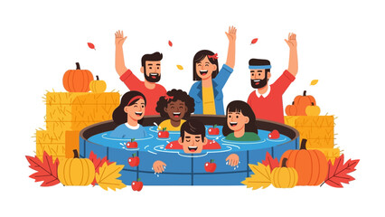 Festive Apple Bobbing Fun: A lively gathering of diverse individuals enjoying the traditional autumn pastime of apple bobbing amidst pumpkins, hay bales, and fall foliage.