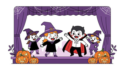 Enchanting Halloween Festivities: A vibrant illustration of children dressed in playful costumes, beaming with joy as they celebrate Halloween, showcasing the pure delight of trick-or-treating.