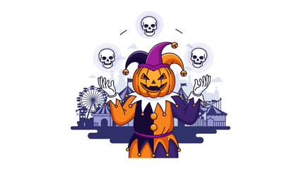 Halloween Pumpkin Juggler: A spooky illustration of a jovial pumpkin-headed jester juggling skulls under the night sky, surrounded by an ominous amusement park atmosphere.