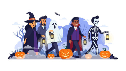 Halloween Procession: A vibrant Halloween parade with costumed figures, carrying lanterns and walking past carved pumpkins, embodying the festive spirit of the season in a whimsical illustration.
