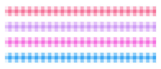 Gingham pattern border. Seamless plaid ribbon for cute baby banner with pink and blue scrapbook texture. Vintage vichy tape. Loincloth flannel birthday invitation illustration. Lilac tartan vector.