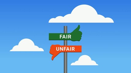 Animated of a signpost showing FAIR with a green thumbs up and UNFAIR with a red thumbs down, symbolizing fairness, choice, and ethical decision-making.