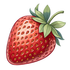 Realistic illustration of a single ripe strawberry with green leaves on black background