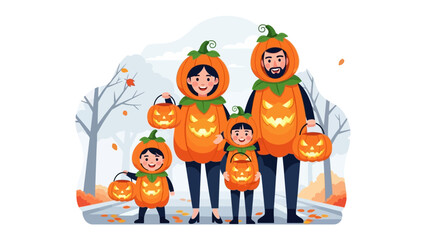 Halloween Family: A family dressed as pumpkins, ready for the festive Halloween season, embody the spirit of trick-or-treating and holiday fun. Capturing their festive outfits.