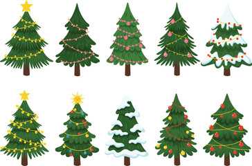 Christmas tree collection, festive holiday decorations, winter celebration, seasonal ornaments, colorful lights, snow covered trees, garlands, baubles, stars, Christmas design