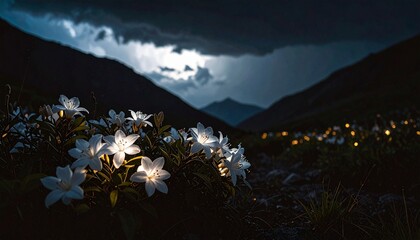 Night Blooms Glowing Flowers Under a Stormy Sky