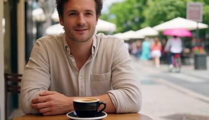 Smiling man drinking coffee at cafe outdoor terrace summer day Real photo