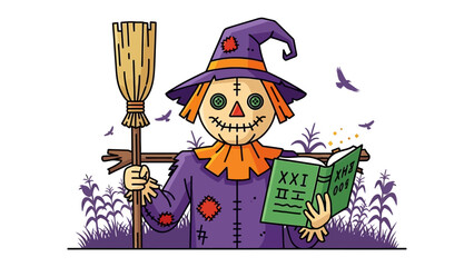 Enchanting Scarecrow in a Cornfield: An illustration of a friendly scarecrow, a quintessential symbol of autumn, stands within a vibrant cornfield, clutching a mystical book with a curious smile.
