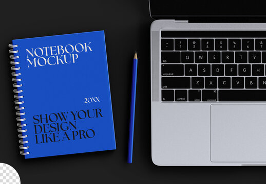 Spiral Rigged Notebook Cover Mockup with Pencil and Laptop Keyboard Arragement Isolated